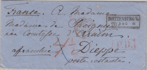 Preussen/Frankreich - Boitzenburg 20/9 Ra2 Portobrief n. Dieppe postlagernd 1861