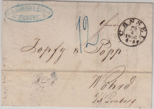 Thurn&Taxis/Bayern - Cassel 25.4.1856 K2 Portobrief n. Wöhrd n. Nürnberg
