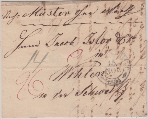Thurn&Taxis/Schweiz - Frankfurt 15. NOV "Muster ohne Wert" n. Wohlen 1834