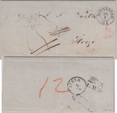 Thurn&Taxis/Österreich - Sonneberg 28/4 Portobrief n. Steyr 1854