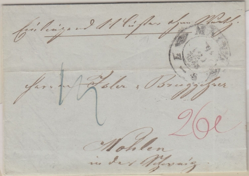 Thurn&Taxis/Schweiz - Mainz 7.2.1845 "Muster ohne Wert" n. Wohlen 1834