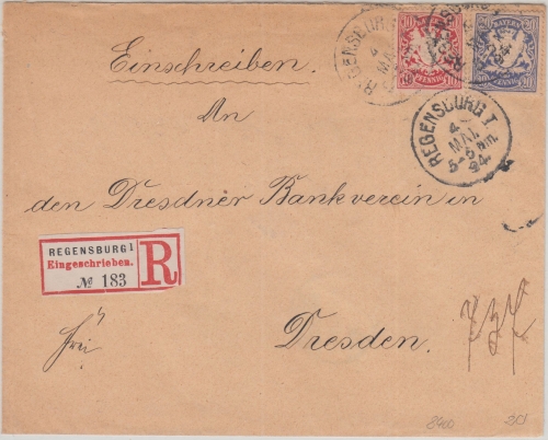 Bayern - 10+20 Pfg. Wappen Einschreibebrief Regensburg I - Dresden 1894