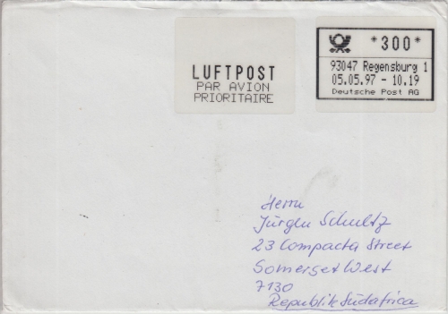 BRD - ABAS Versuch 300 Pfg. Luftpostbrief n. SÜDAFRIKA Regensburg 1 - 5.5.97