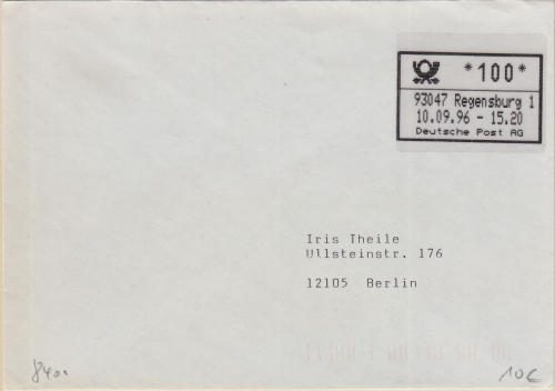 BRD - ABAS Versuch 100 Pfg. Brief Regensburg 1- Berlin 10.9.96 mit Quittung
