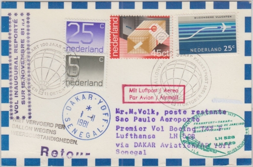 Niederlande - LH-Erstflug Dakar Sao Paulo 1.11.1981 Zuleitungspost Ballonvaart