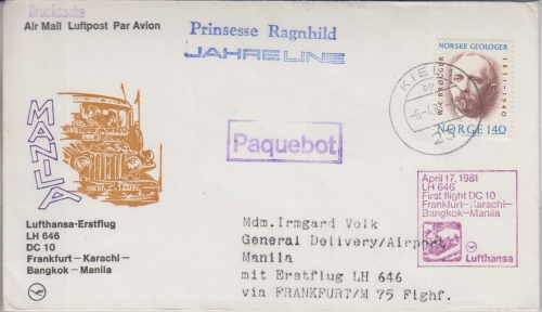 Schweden - LH-Erstflug FFM Manila DC10 Zuleitungspost Schiffspost 17.4.1981
