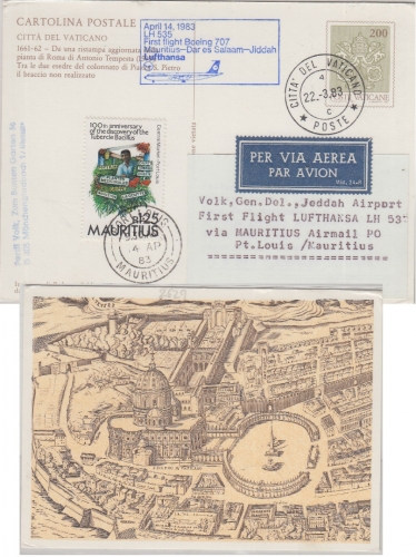Vatikan - LH-Erstflug Mauritus Jeddah Boeing 707 Zuleitungspost 14.4.1983