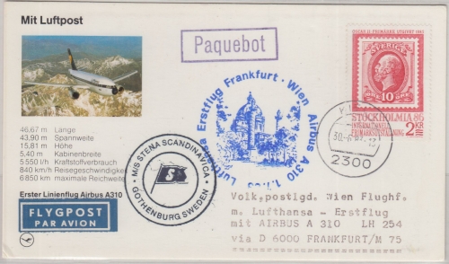 Schweden - LH-Erstflug FFM Wien Airbus A310 Zuleitungspost/Schiffspost 1.7.1983