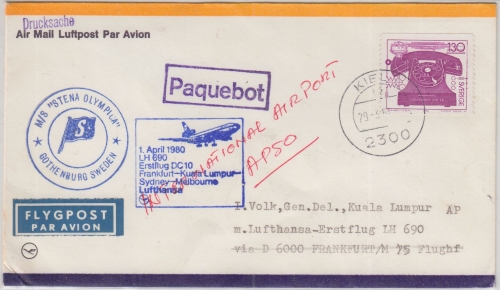 Schweden - LH-Erstflug FFM Kuala Lumpur DC10 Zuleitungspost/Schiffspost 1.4.1980
