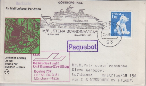 Schweden - LH-Erstflug München Nizza Boeing 737 Zuleitungspost/Schiff 29.3.1981