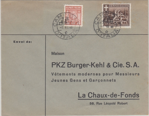 Italien/Campione - 0,10+0,10 Fr Freimarken Firmenbrief n. La Chaux de Fonds 1946