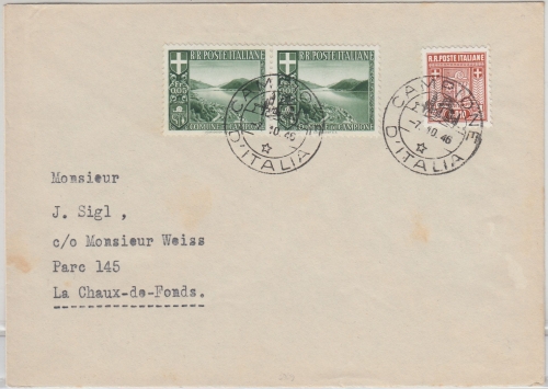 Italien/Campione - 2x0,05+0,10 Fr Freimarken Brief n. La Chaux de Fonds 1946