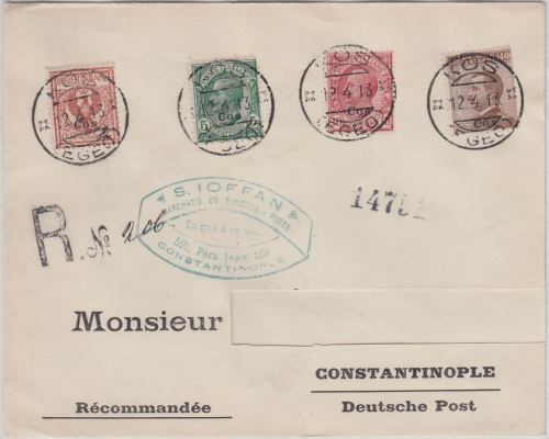 Italien/Ägäis - Kos 12.4.13 Einschreibebrief n. Constantinopel/Deutsche Post