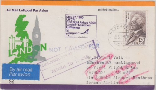 Island - LH-Erstflug London München Airbus A300 Zuleitungspost 27.5.1980