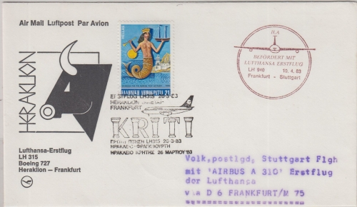Griechenland - LH-Erstflug Heraklion FFM/FFM Stuttgart Zuleitungspost 10.4.1983