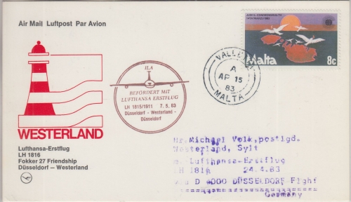Malta - LH-Erstflug Düsseldorf Westerland LH1815/1911 Zuleitungspost 7.5.1983