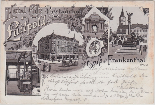 Bayern/Pfalz - Frankenthal Hotel Cafe Restaurant Luitpold sw-Mehrbildlitho 1897