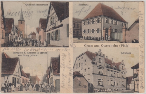 Bayern/Pfalz - Ottersheim Metzgerei, Gasthaus etc. farb. Mehrbild-AK 1914