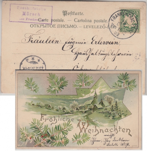 Bayern Mörsch T. Frankenthal Posthilfstelle-Ra3 Weihnachtskarte n Konstanz 1902