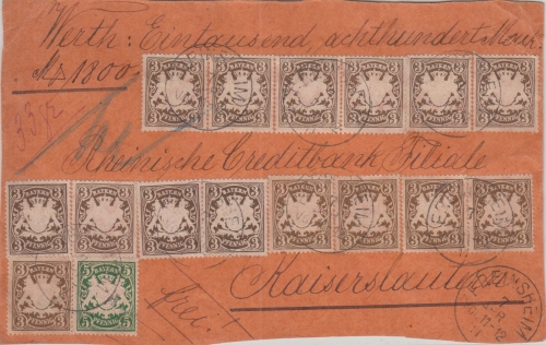 Bayern - 15x3+5 Pfg. Wappen Wertbrief-Vds. Freinsheim - Kaiserslautern 1911