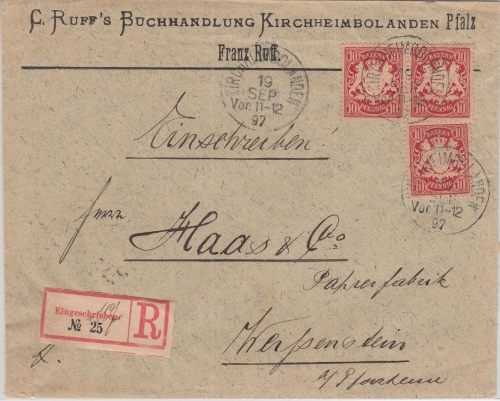 Bayern - 3x10 Pfg. Wappen Einschreibebrief Kirchheimbolanden - Weißenstein 1897