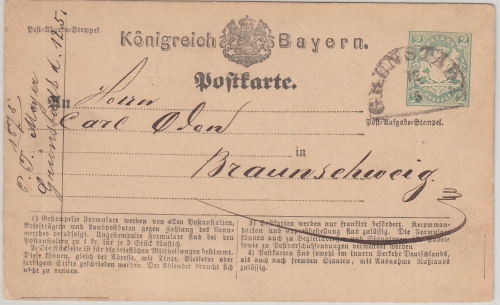 Bayern - Grünstadt 12/5 HKS 2 Kr. Ganzsachenkarte n. Braunschweig 1875