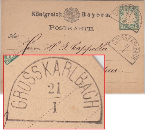 Bayern - 5 Pfg. Wappen HKS Grosskarlbach 21/1 (1876 !) n. Landau