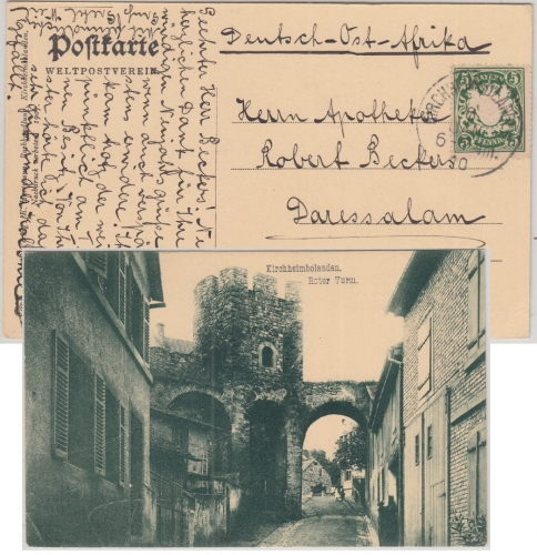 Bayern - 5 Pfg. Wappen Karte n. DEUTSCH-OSTAFRIKA Kirchheimbolanden 1910