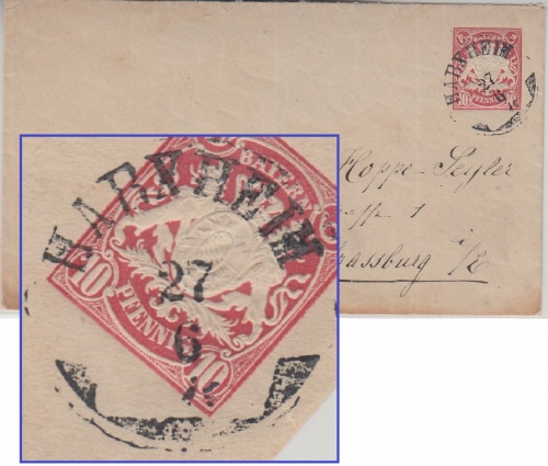 Bayern - Harxheim 27.6. K1 10 Pfg. Ganzsache Brief n. Strassburg 1881