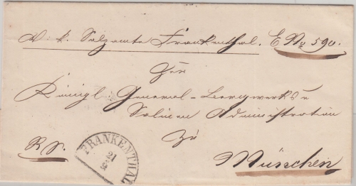 Bayern - Frankenthal 21/9 HKS Dienstbrief ü. Frankfurt n. München 1852