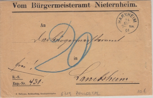 Bayern - Harxheim 24. MAI 01 K1 unfrank. Dienstbrief Nieternheim - Lambsheim