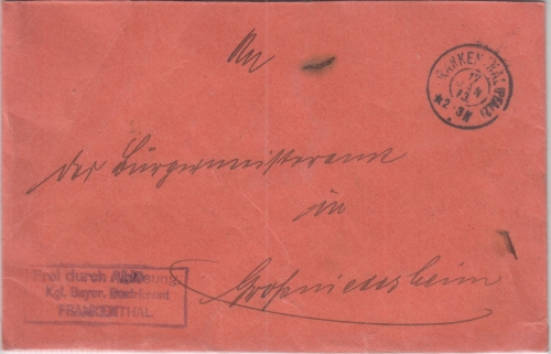 Bayern - Frankenthal 1913 K2 Frei d. Ablösung Brief n. Großniedesheim