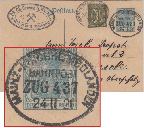 DR - Mainz Kirchheimbolanden Bahnpost Zug 437 Ganzsache Wörrstadt - Vilseck 1921