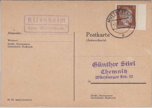 DR - Assenheim ü. Mutterstadt Landpost-Ra2 Drucksachenkarte n. Chemnitz 1943