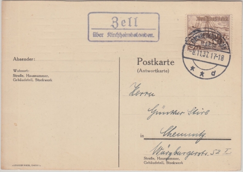DR - Zell ü. Kirchheimbolanden Landpost-Ra2 Drucksachenkarte n. Chemnitz 1937