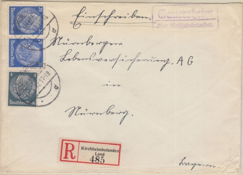 DR - Gauersheim ü. Kirchheimbolanden Landpost-Ra2 Einschreibebrief 1942