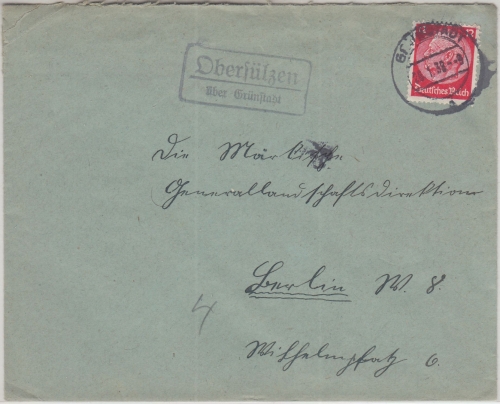 DR - Obersülzen ü. Grünstadt Landpost-Ra2 Brief n. Berlin 1938