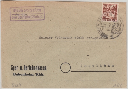 FZ-Rheinl.Pfalz - Bubenheim ü. Ingelheim Landpost-Ra2 Brief n. Ingelheim 1948