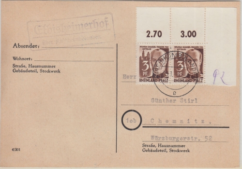 FZ-Rheinl.Pfalz Elbisheimerhof ü. Kirchheimbolanden Landpost-Ra2 Drucksache 1948