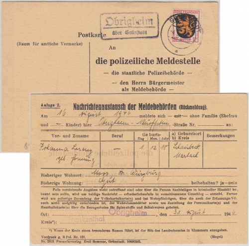 FZ/Allg. - Obrigheim ü. Grünstadt Landpost-Ra2 polizeiliche Meldekarte 1946