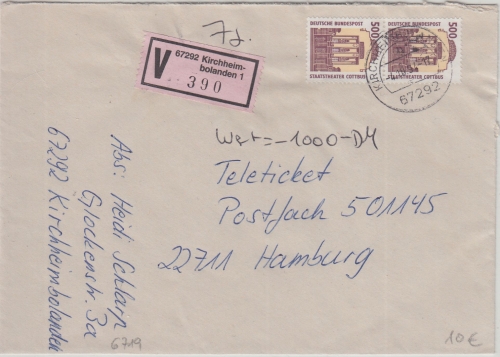 BRD - 2x500 Pfg. SWK Wertbrief Kirchheimbolanden - Hamburg 1994