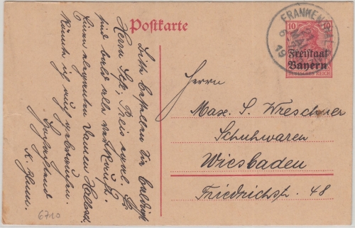 Bayern - 10 Pfg. Germania/Freistaat Pfalzverwendung ! Frankenthal 21. MAI 19