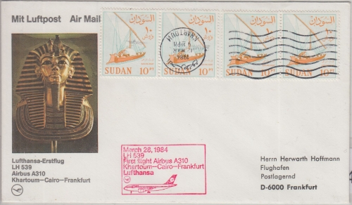 Sudan - LH-Erstflug Karthoum FFM Airbus A310 28.3.1984 4x10 Pia. Segelboot