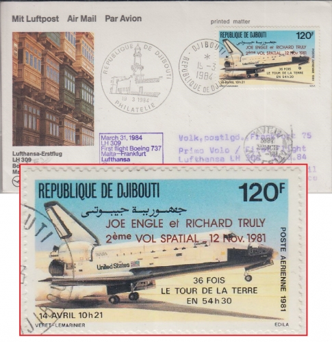 Djibouti - LH-Erstflug Valetta FFM Boeing 737 Zuleitung 31.3.1984 Frankatur !!