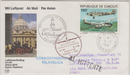 Djibouti - LH-Erstflug Rom FFM Airbus A310 Zuleitung 30.3.1984 Frankatur !!