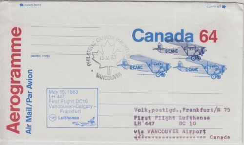 Kanada - LH-Erstflug Vancouver FFM DC10 15.5.1983 64 C. Aerogramme