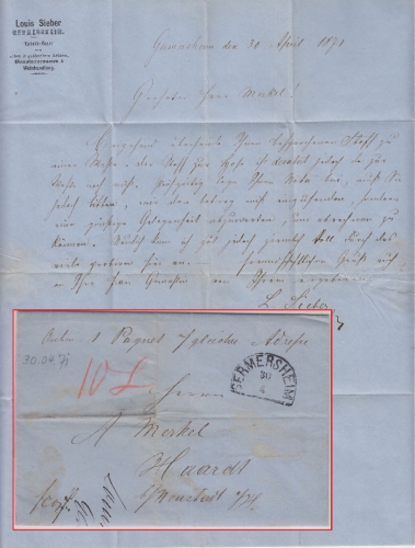 Bayern - Germersheim 30/4 HKS Paketbegleitbrief n. Haardt b. Neustadt 1871