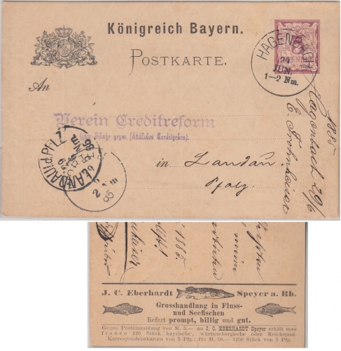 Bayern - Hagenbach 29 JUN K1 5 Pfg. Ganzsache m. Zudruck n. Landau 1885