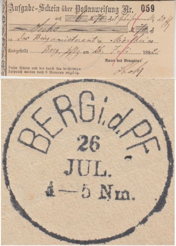 Bayern - Berg i.d.Pf. 26. JUL K1 Aufgabeschein f. Postanweisung n. Mörlheim 1882
