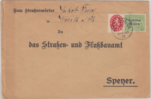 Bayern - 15 Pfg. Dienst/Abschied u.a. Brief Woerth a/Rh - Speyer 17.4.20